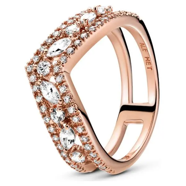 PANDORA Hand-Finished Sparkling Marquise Double Wishbone Rose Gold-Plated Silver Ring, Statement Piece, Double Band, US Size 56, Model 189095C01