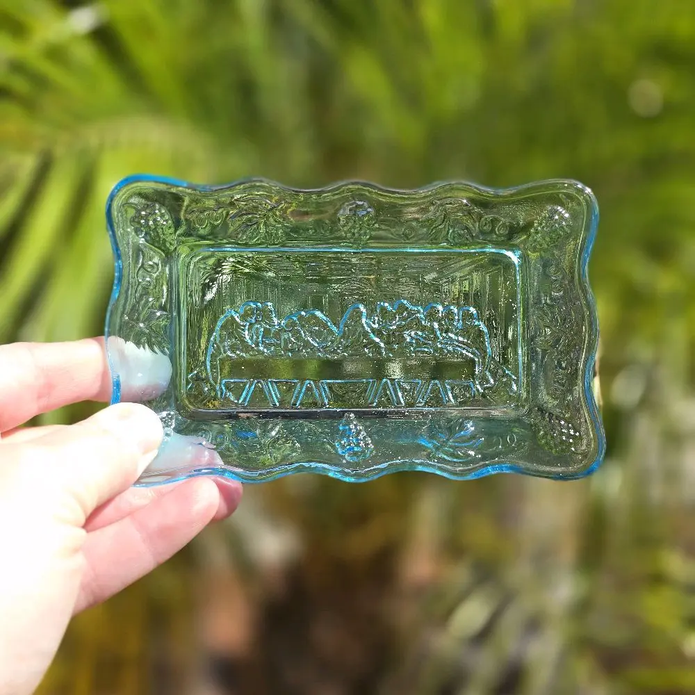 ​Vintage Ice Blue Glass "The Last Supper" Trinket Tray | UV Manganese Glow
