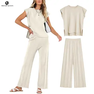 Trendy Queem 2 Piece Outfits for Women Lounge Matching Set Two Piece Knit Tracksuit Sweatsuits Top & Pants