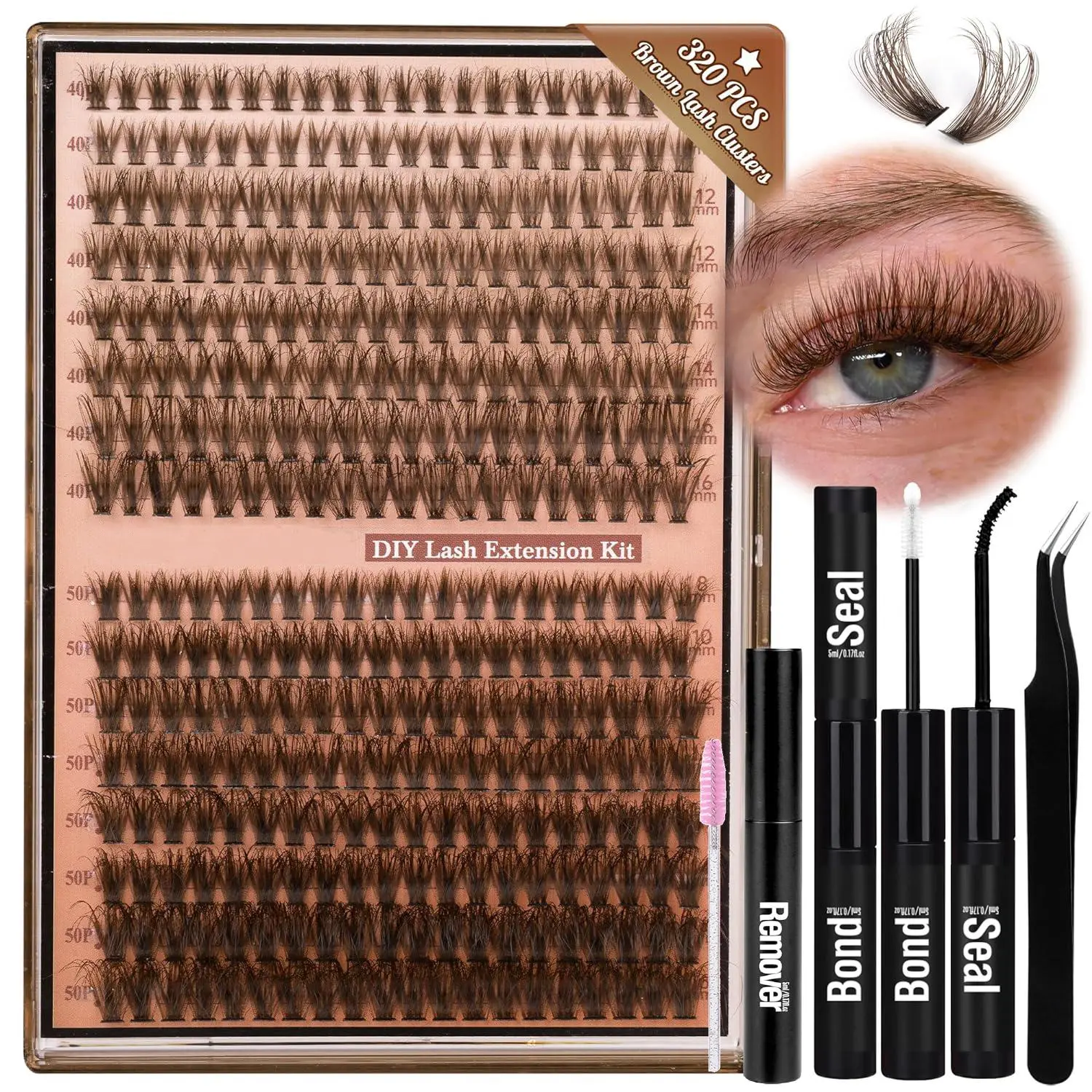Individual False Eyelashes, Eyelash Falsies with Bond & Seal, Lash Remover & Brush, Eyelash Extension Glue, Natural Look Eyelash Extensions, Self-Grafting Curl Cluster Lashes, Cosmetic Lash Kit, DIY Dramatic Lashes, Eyelash Extensions Set
