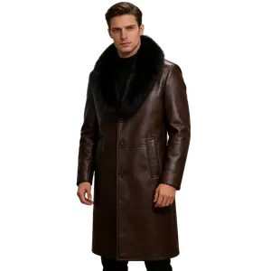 Men's Brown Faux Leather Long Coat - Large Plush Fur Collar, Warm Soft-Lined Winter Outerwear, Trendy Casual Luxury Jackets for Tops, Sweaters, Jeans Pairing