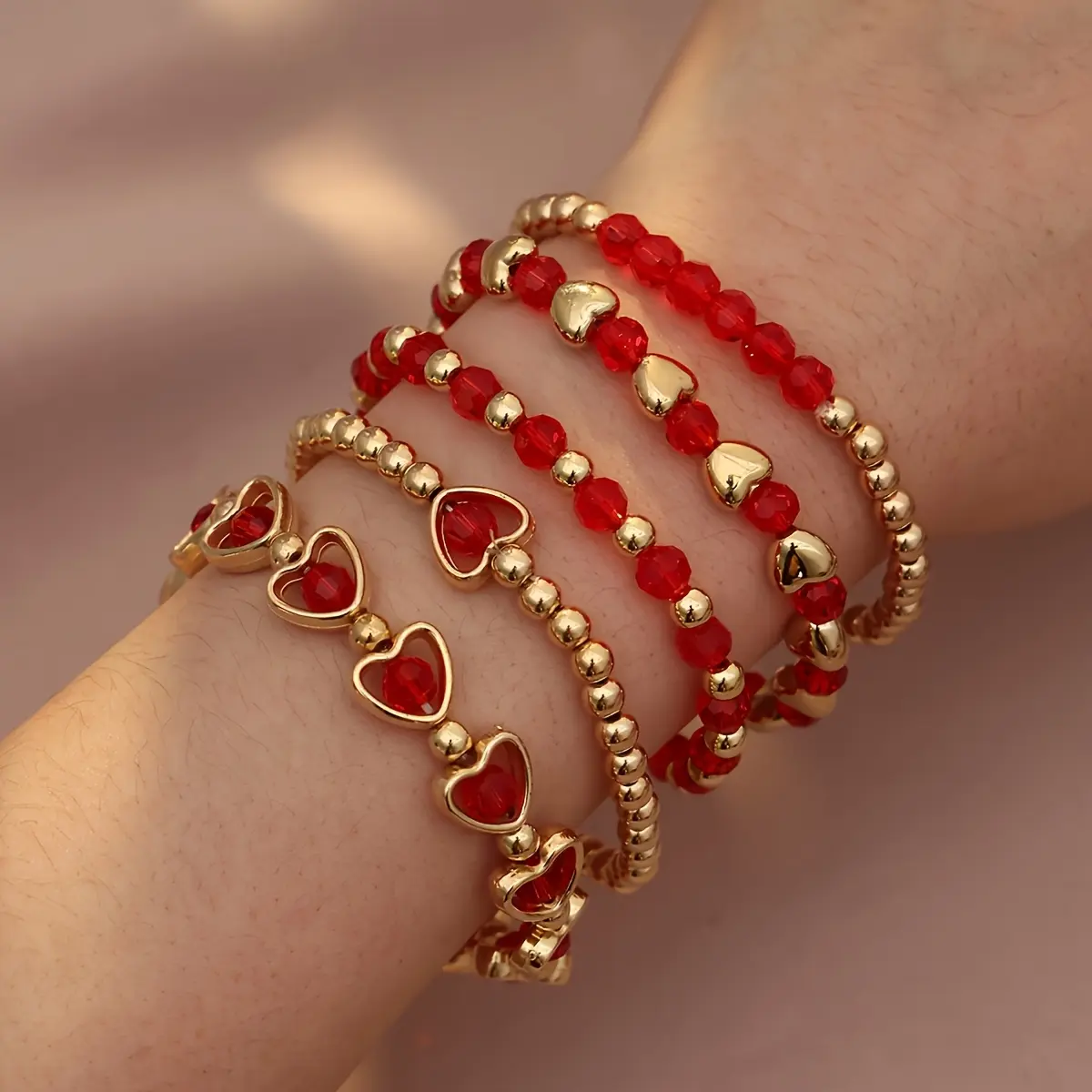 Women's Bohemian Elegant 5pcs Layered Bracelet Set - Red Heart Theme Glass Beads, Stackable Valentine's Day Gifts for Her, Suitable for Party & Casual Attire, All-Year-Round Costume Jewelry, Bracelets, Layered Set, Valentine’s Gift