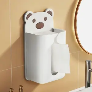 Cartoon bear wall-mounted tissue box - thickened - no drilling required - suitable for living room and bathroom storage - multi-functional face towel storage box