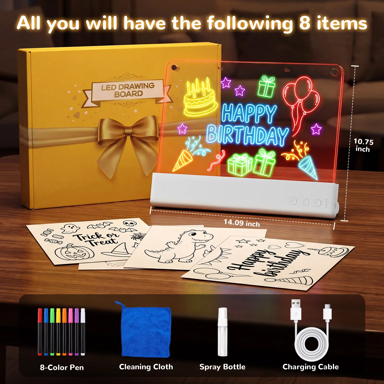 Rechargeable LED Drawing Board for Kids, Dynamic Animation Light-Up Dry Erase Tablet with Detachable Washable Acrylic Screen, 7 Colors & 5 Brightness, Tracing Toy Birthday Christmas Gift, Stencils, Creative