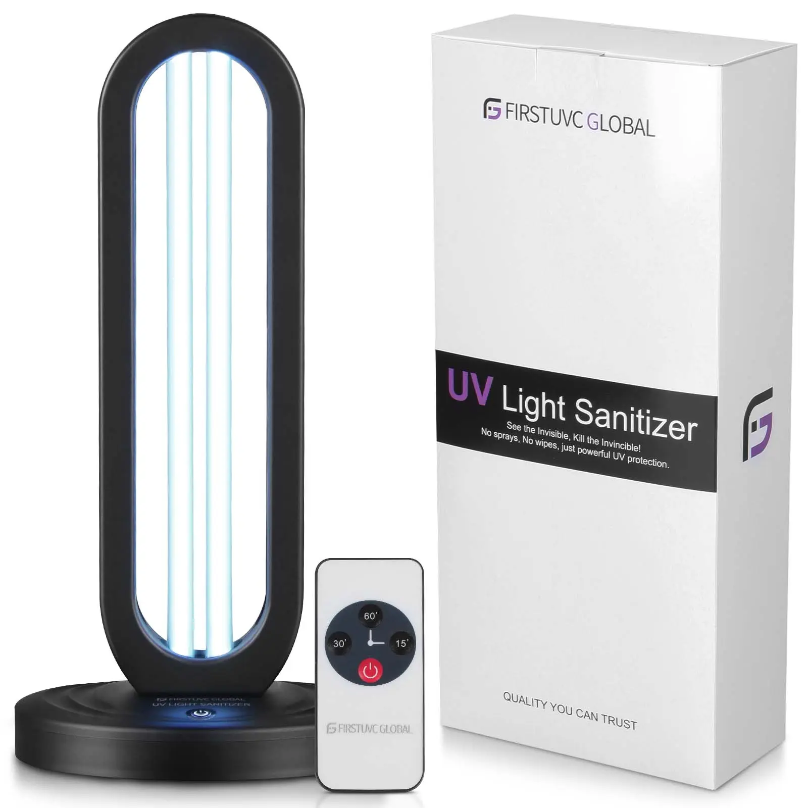 Firstuvc Global UV Light Sanitizer with Audible Warning UV Sterilizer for Mold Removal Dust Mite Killer Ozone Odor Eliminator for Room Home & Kitchen UV Lamp with Manual Button & Remote Control