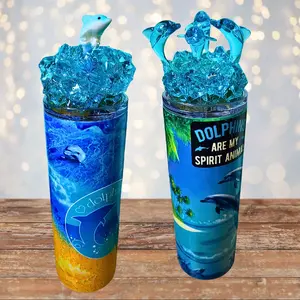 20 Oz Dolphin Love Ice Tumbler with Removable Magnetic Lid and Faux Dolphins - Double Wall Stainless Steel Vacuum Flask for Hot and Cold Drinks - Drinkware, Bottle