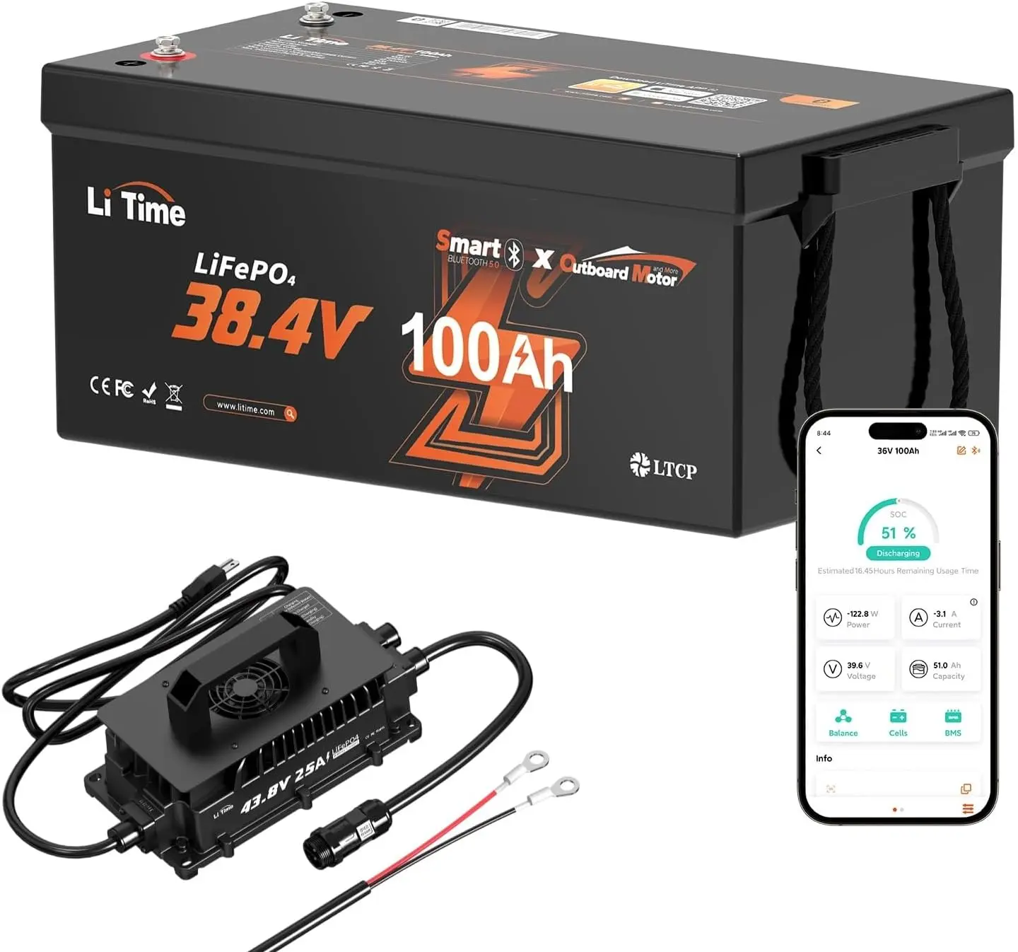 LiTime 36V 100Ah Lithium Battery with 25A Charger for Trolling Motor,Marine | Bluetooth 5.0,100A BMS,Low-Temp Protection,IP65 Waterproof,Up to 15000 Cycles,LiFePO4 Battery for Boat
