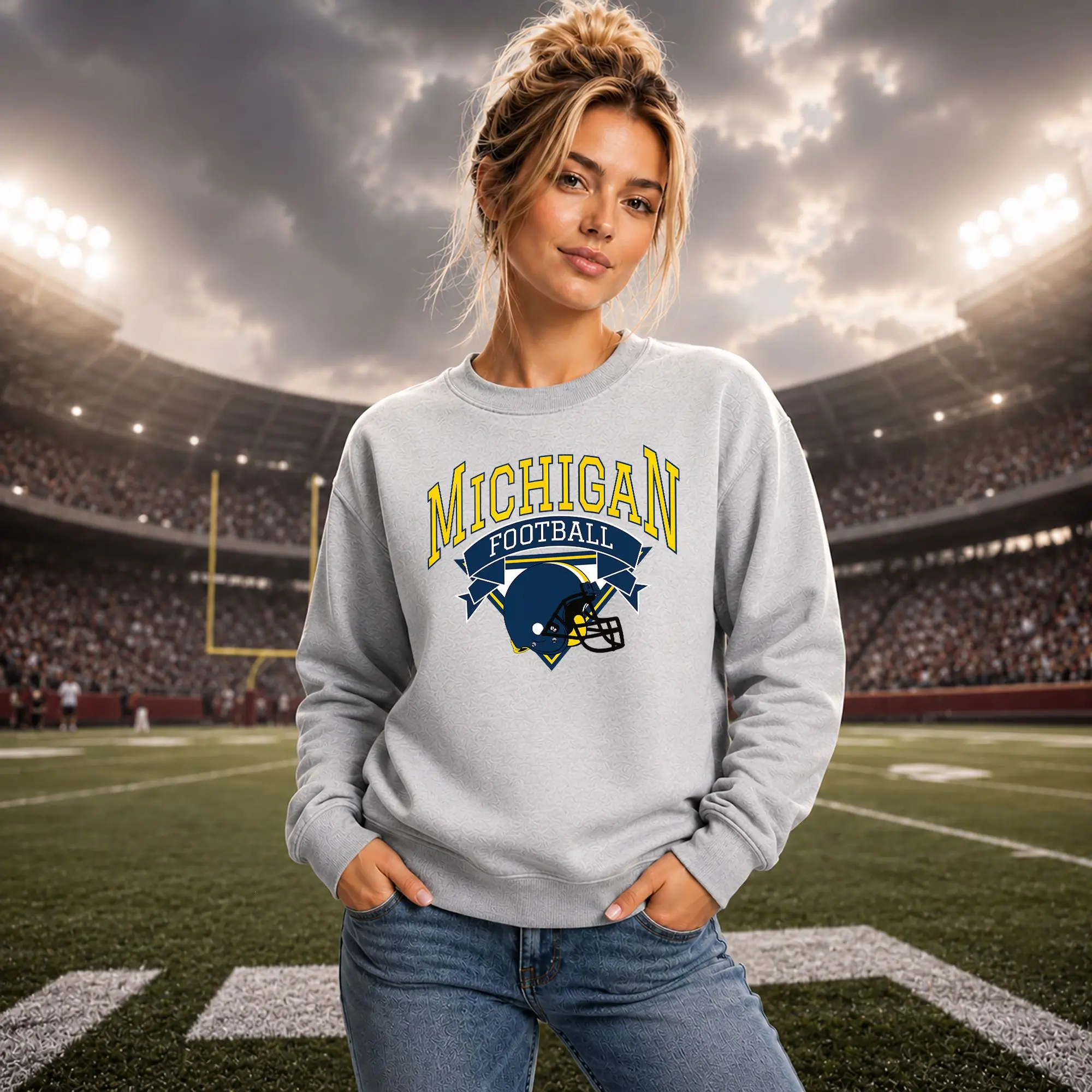 Michigan Football Sweatshirt, Vintage Varsity College Game Day Crewneck, Retro Maize and Blue Sports Fan Gift