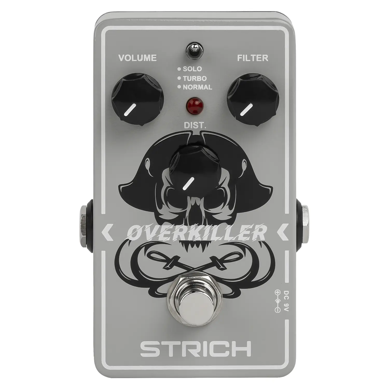 STRICH OVERKILLER Metal Distortion Pedal for Electric Guitar, Compact Mini Unit, True Bypass, 3 Control Knobs, Volume, Filter, Distribution, Three Modes, Solo, Turbo, Normal, 9V DC, Grey White, Heavy Metal, 9 V, 12 Months