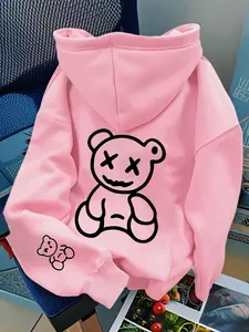 Women's Y2K Aesthetic Pink Hooded Sweatshirt, Adorable X-eyed Bear Graphic Pullover, Cozy Oversized Hoodie For Teens & Adults