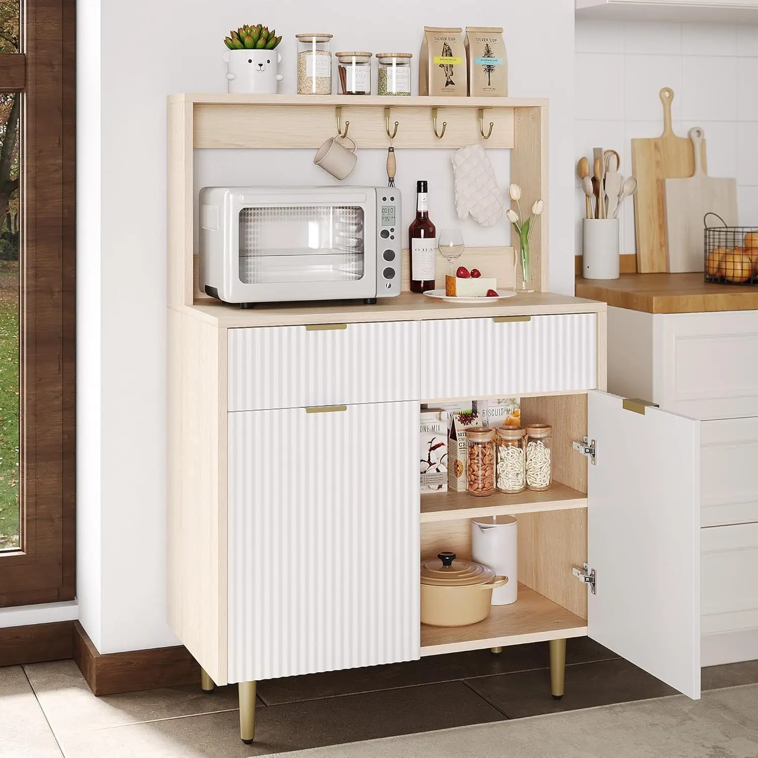 Gaomon Natural Wood Wave Pattern Panel Sideboard Cabinet - Modern Particle Board Buffet with 2 Drawers, Adjustable Shelves, Metal Legs, Included Tools, Easy Assembly, Kitchen Storage, Versatile Console for Home & Office