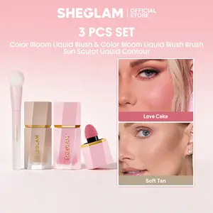 Summervibes SHEGLAM Color Bloom Liquid Blush and Sun Sculpt Liquid Contour with Brush Set Lightweight Cream Formula Buildable Blendable Natural Sculpting and Dewy Finish Long Lasting