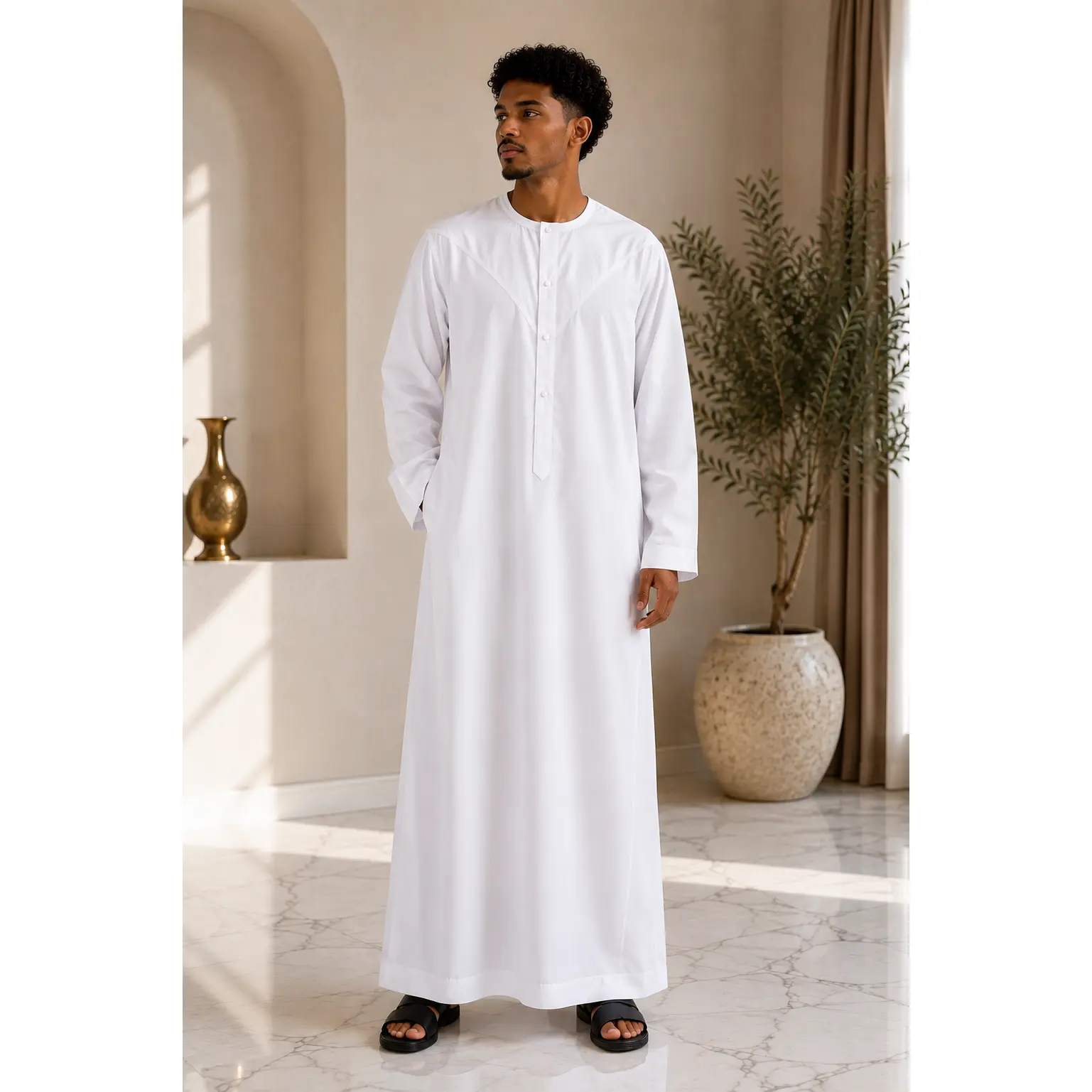 Men's Islamic Thobe - Elegant Casual Modest Robe, V-Front Cut, Subtle Button Accents, 3/4 Sleeves, Round Neck, Embroidery, Machine-Washable (White, Beige, Sizes 58-62)