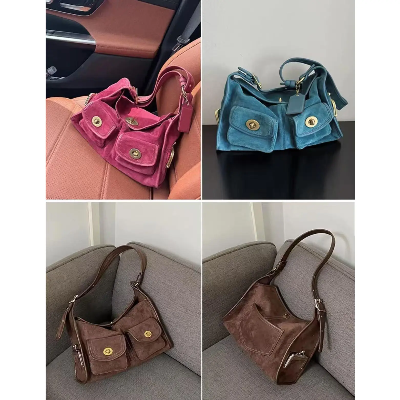 Women's Retro Look Suede Brass Turn-Lock Multi-Pocket Pillow Bag, Casual Wear Everyday Crossbody Bag, Vintage Gold-Plated Wide Shoulder Strap Large Single Shoulder Haversack (Blue)