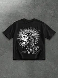 Men's Gothic Jesus Crown Print T-Shirt, Vintage Graphic Print, Loose Streetwear Top, Unisex Dark College Style
