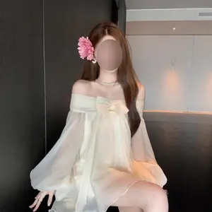 2025 French Soft Style Bow Off Shoulder Chiffon Dress Elegant Youthful Loose Fit Flowy Mini Casual Womenswear