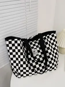 Korean Style Versatile Large Capacity Plaid Letter Decorated Trendy Tote Bag, Handheld Shoulder Strap, Perfect for Daily Use, Stylish Versatile Bag