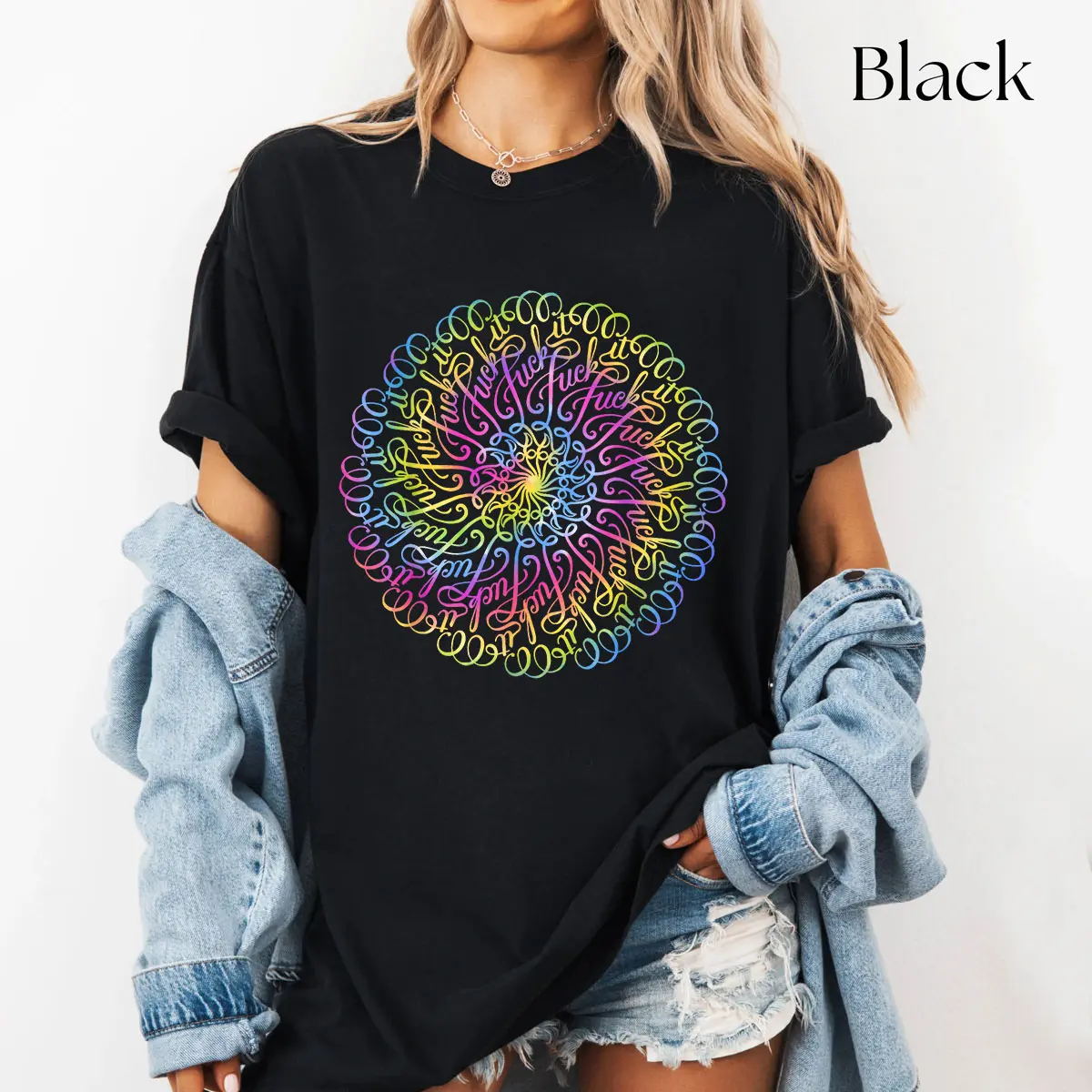 Women's Curse Word Mandala Graphic Funny Colorful Short-Sleeve T-Shirt, Unisex Smooth Ribbed Seamless Classic Cotton Tops