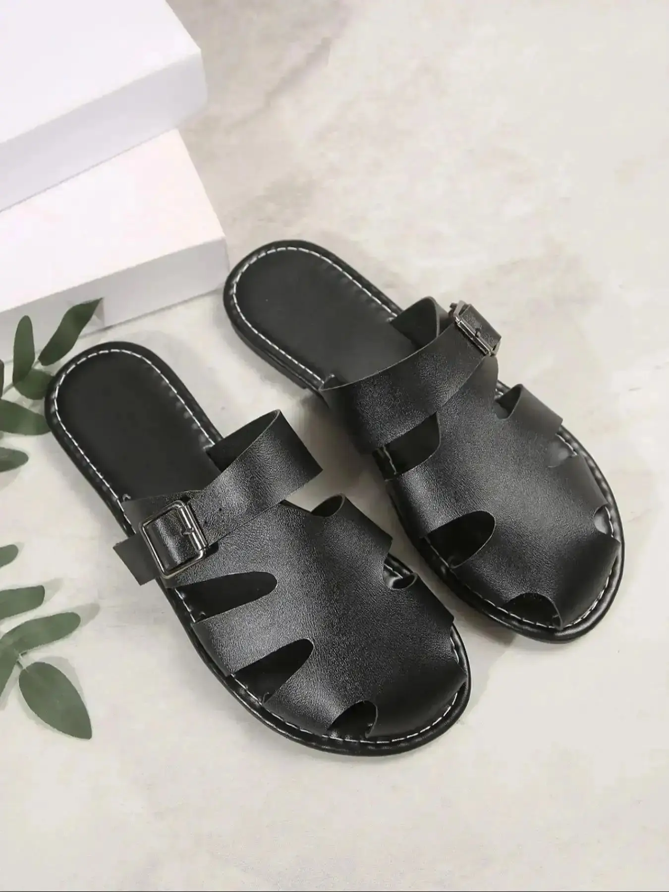 Women's Fashionable Plain Color PU Leather Strap Flat Sandals Trendy Casual Comfortable Slingback for Summer Lightweight Breathable Shoes Daily Wear Girl Footwear ladies fashion modern polished smart business office