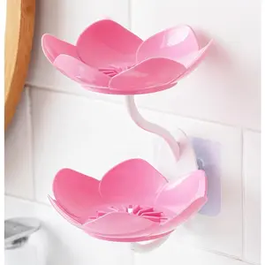 Soap Dish Holder for Shower Bar Double Layer Cute Lotus Shape Adhesive Tray Sink Wall Mounted Shampoo NO-Drilling Self Draining Hanging Saver Rack Plastic Bathroom Bathtub Kitchen