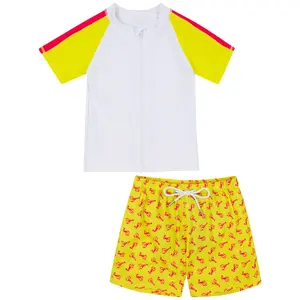 Boys Short Sleeve Zipper Rash Guard and Swim Trunk Set | "Lobster"