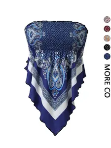 Boho Style Vibrant Blue Ethnic Paisley Print Sleeveless Asymmetrical Hem Top, Non-Elastic Polyester Spandex Blend, Perfect for Vacation
