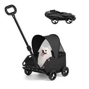 4 Wheels Pet Stroller With Weather Cover For Mini Pets, Foldable Multifunctional Doggie Wagon with Extendable Pull Handle, Built-In Cushion And Safety Rop