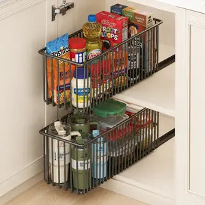 Pull Out Cabinet Organizer, Under Sink Sliding Storage Drawer for Kitchen & Bathroom, 2-Tier Space Saving Wire Basket, Heavy Duty Pantry Organization