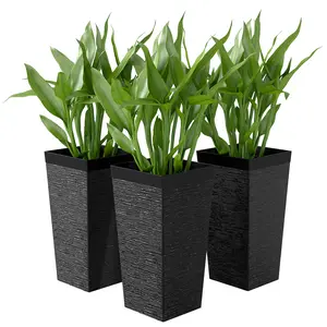 Outsunny Tall Planters for Outdoor Plants, Plastic Flower Pots with Stone Finish and Wheels, Stackable Tapered Planters with Drainage Hole for Indoor Plants, Front Porch