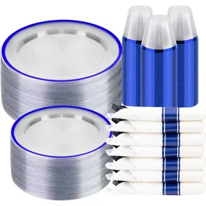 350PCS Clear & Blue Disposable Plates Set – 50 Plates, 50 Cups, Pre-Rolled Napkins & Cutlery for Weddings, Birthdays & Events