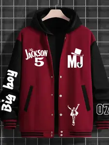 Men's Casual Graphic Letter Print Baseball Jacket, Long Sleeve, Jackson-5 Design, Geometric Pattern, Fitted Style, All Seasons Wear, Versatile Outerwear, Casual Fashion Jacket