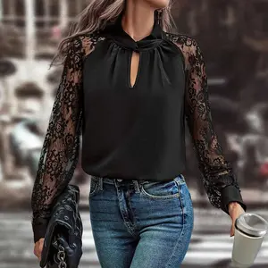 Women's Elegant Black Floral Lace Blouse - Keyhole Neckline, Raglan Long Sleeves, Tops for Women, Longsleeves Clothes