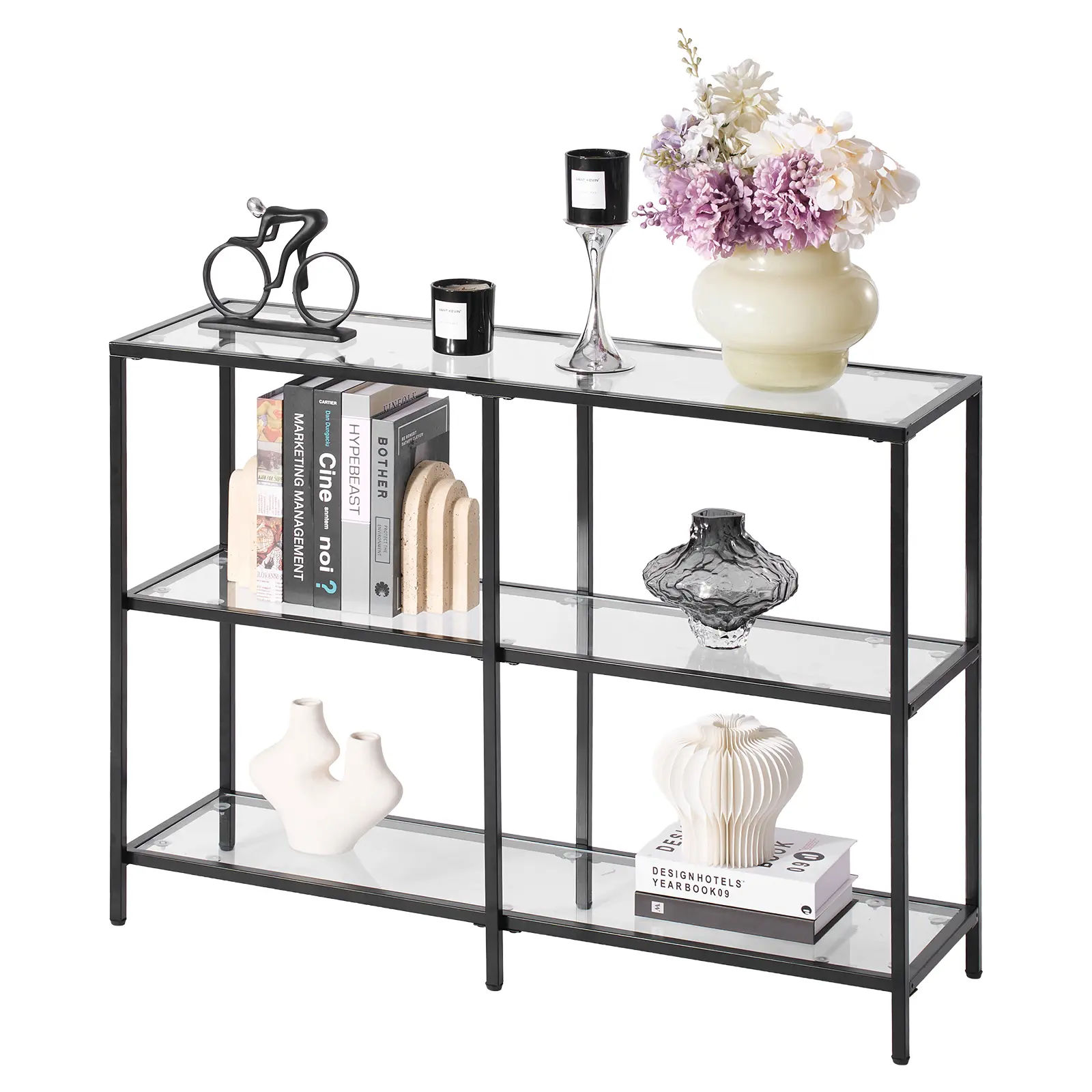 【SummerFinds】VEVOR 3-Tier Tempered Glass Rectangle Console Table, Modern Iron-Leg Black Golden Desk with Anti-Tip Device, for Living Room, Entryway | Fathers Day Gift (66 lbs Capacity), Glass Metal Table, Living Room Decor