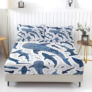 3pcs Fitted Sheet Set: Fitted Sheet Set with 2 Pillowcases. Stylish Watercolor Shark Pattern, Perfect for Modern Minimalist Interiors. Ideal for Bedrooms, Dorms, and Guest Rooms. Soft, Breathable Fabric for All-Season Comfort. No Filling.