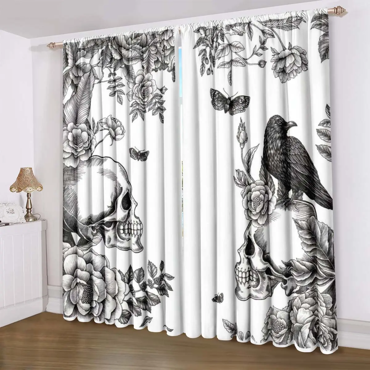 Boho Skull & Raven Blackout Curtains, Bohemian Floral Bird Pattern, Polyester Fiber Privacy Protection, Multi-Size Available