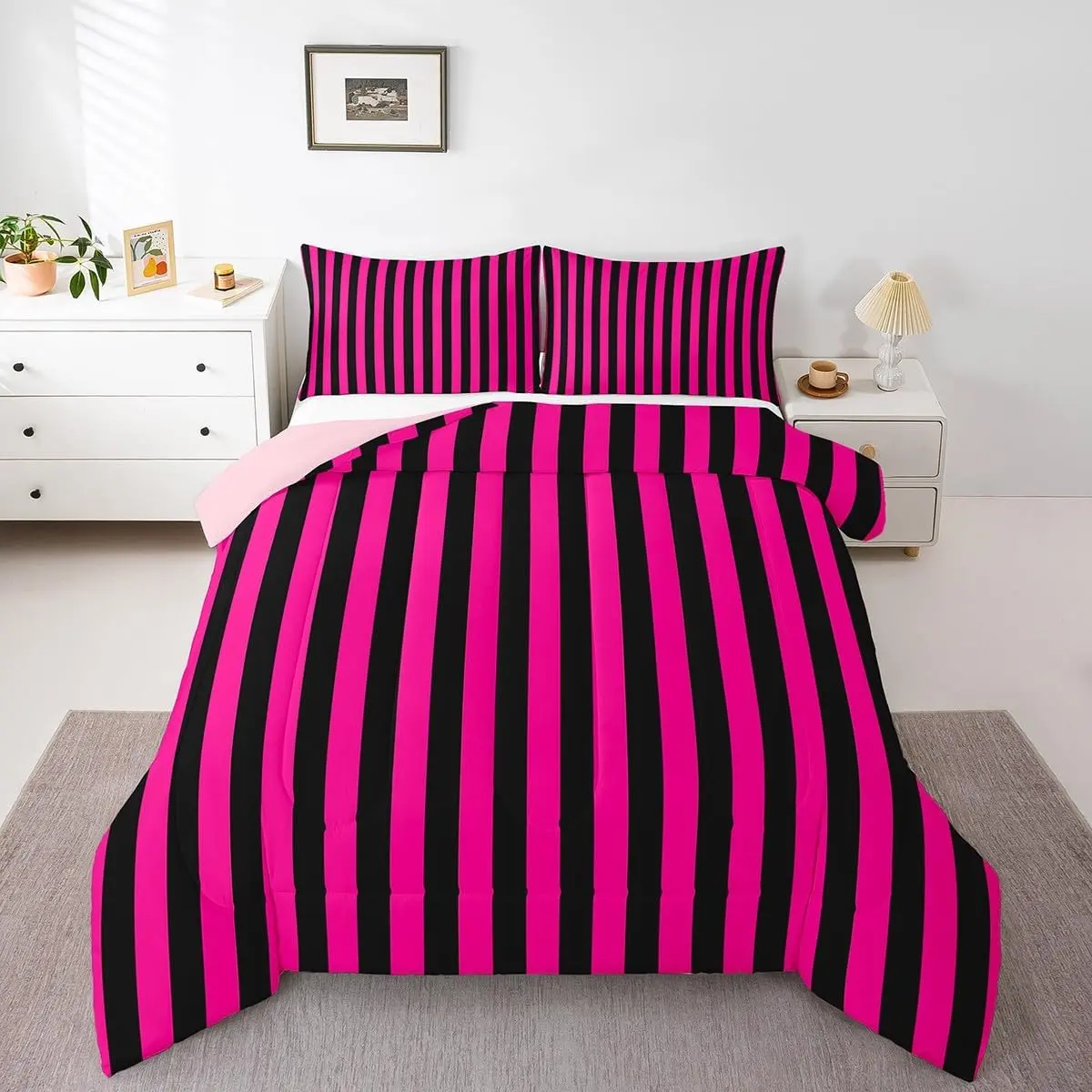 Feelyou Luxury Printed Bedding Set - Machine Washable Soft Microfiber Duvet Cover & Bedspreads, Multi-Size, Hot Pink & Black Digitally Printed Striped Modern Art Geometric Design, Room Decor Bedding
