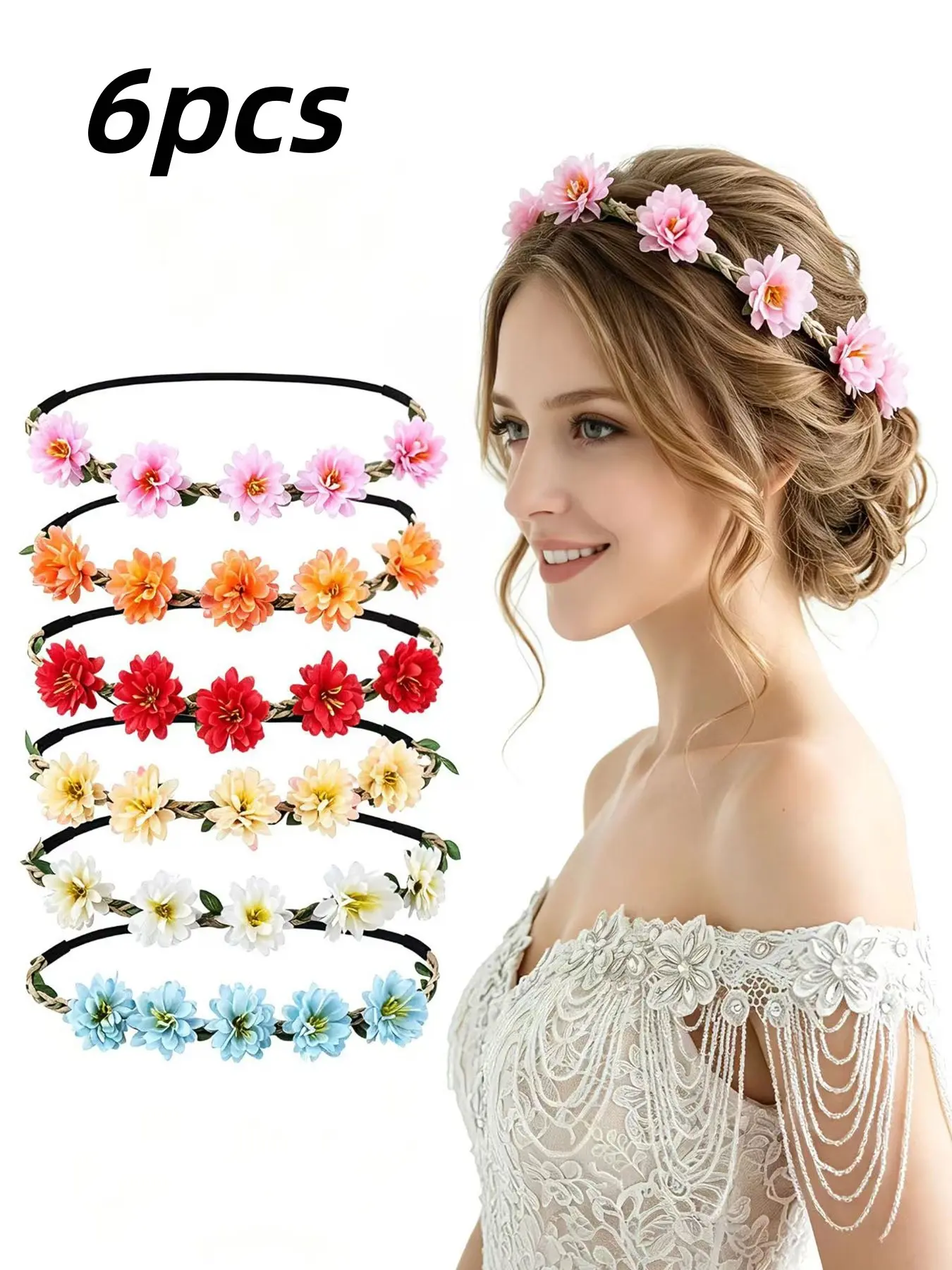 Flower Crown for Women Girls, 6 Pcs Boho Floral Headband, Bridal Headband, Hair Accessories, Perfect for Wedding, Birthday, Festival Party, Photo Shoot & Daily Wear