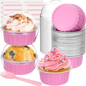 Mini Cake Pans with Lids and Spoons (40 Pack,Pink,5oz) Round Disposable Ramekins - Sturdy Aluminum Foil Cupcake Liners with Lids for Dessert and Party