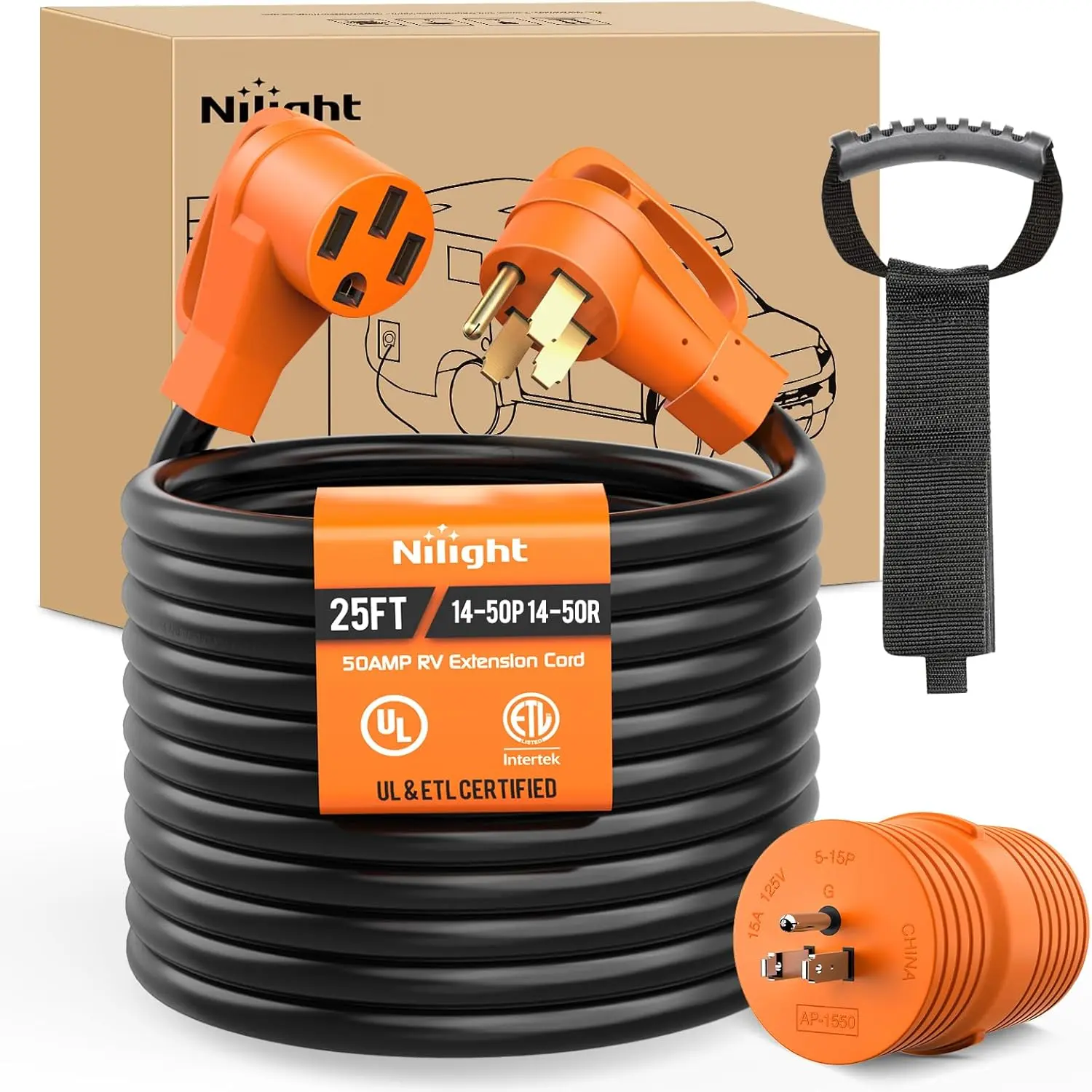 Nilight 25FT 50A RV Extension Cord - 15A to 50A 250V 4-Prong 14-50P to 14-50R Adapter, 6/3+8/1 Gauge Pure Copper STW Wire, UL ETL Listed Heavy-Duty Weatherproof Water Resistant Outdoor Cord, Easy to Find for Generators, Campers, Power Outlet
