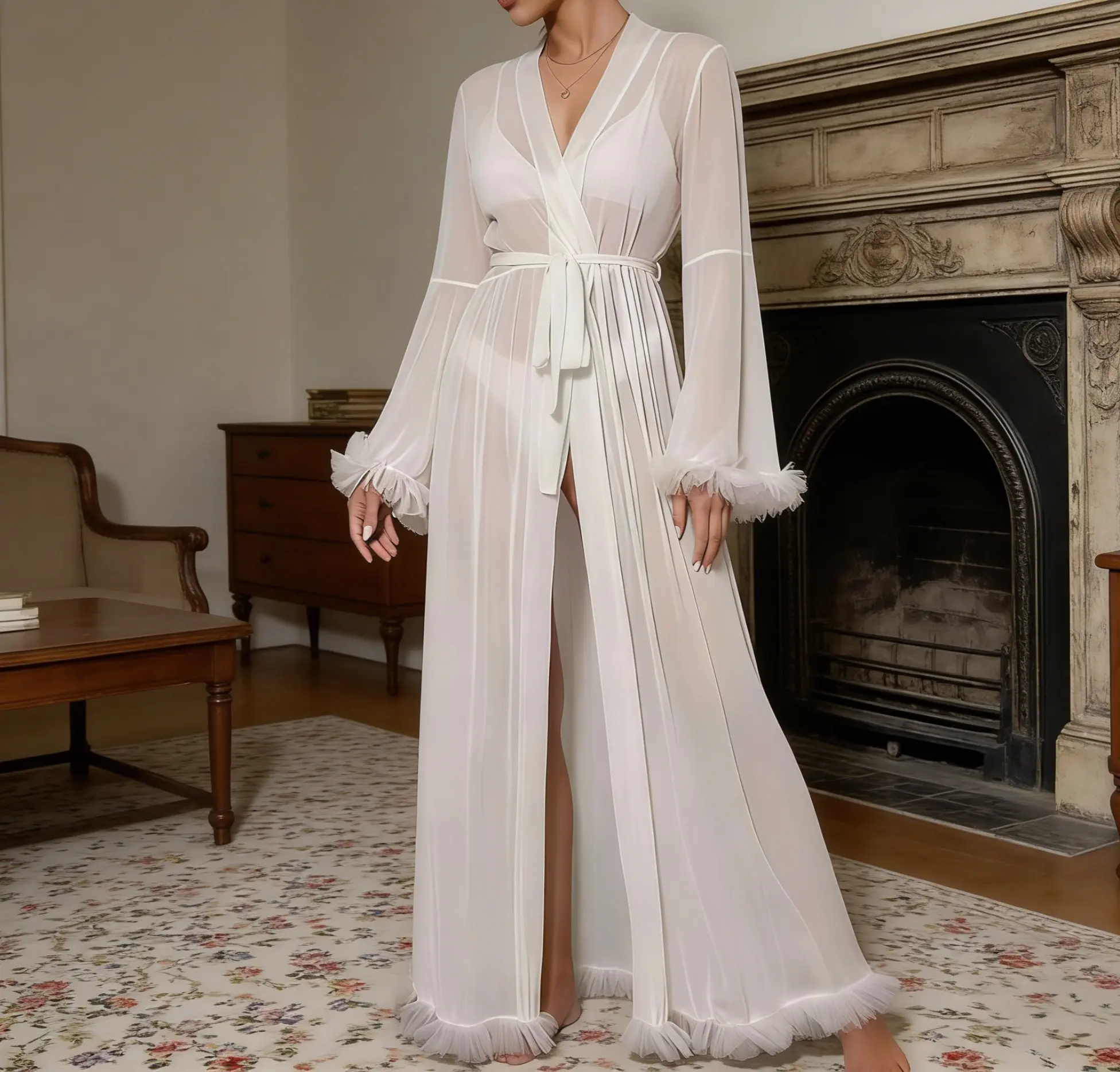 Women's Elegant Belted Sheer Mesh Robe - Feminine Bridal Nightwear with Flared Long Sleeves, Ruffle Trim, V-Neck, Adjustable Loungewear for Honeymoon
