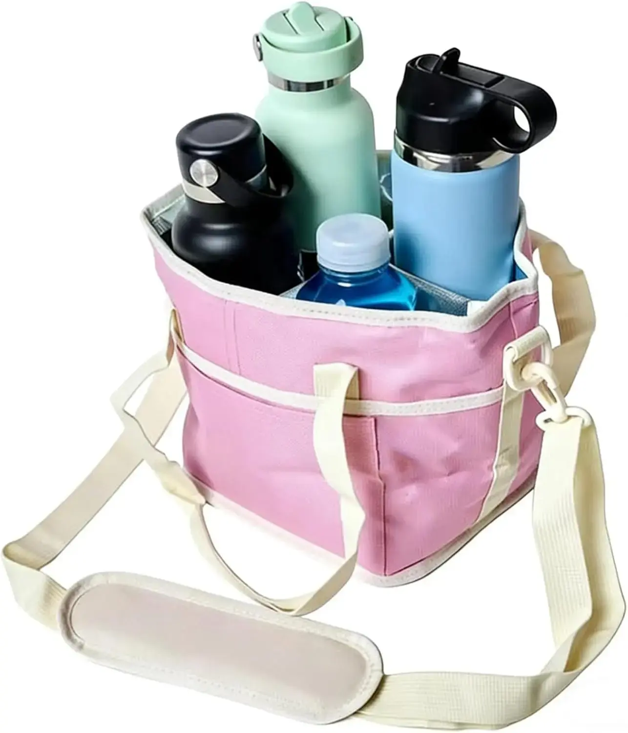 Black 4-Compartment Insulated Family-Size Tumbler Caddy Cooler Bag - Waterproof Thermal Multifunctional Pouch with Pocket for Travel, Daily Kitchenware Use