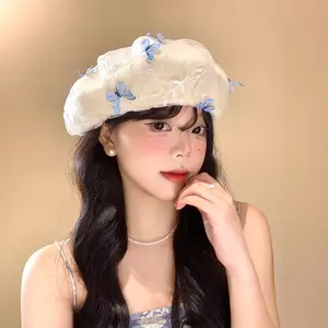 Three-dimensional Mesh Beret Sweet and Cute Butterfly Design Women's Summer Thin Knitted Hat Flatters Face Painter Hat for Casual Chic Outfits