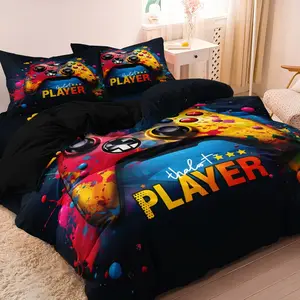 3pcs Color Graffiti Game Controller Printing Decorative Duvet Cover Set (1 Duvet Cover + 2 Pillowcase Without Pillow Insert), Soft Breathable HD Printing Printed Bedding Set Washable Covers For Home Dorm Decor