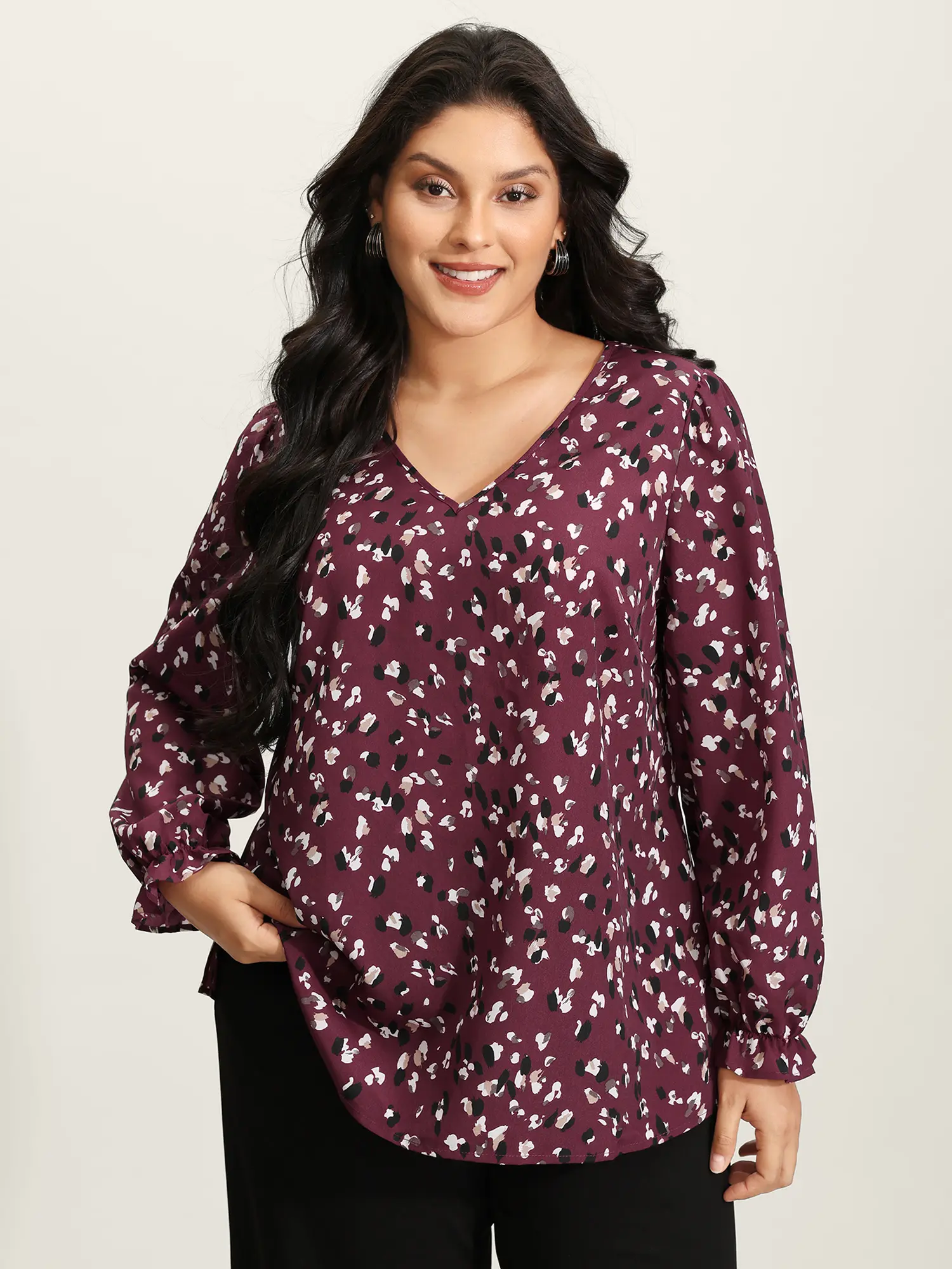 BloomChic Women's Plus Size V-Neck Animal Print Garment, a Regular Length Blouse for Office Wear with Gathered Lantern Sleeves and Slit Cuffs, Fabric, Full Sleeves, Gathered Detail, Smooth, Spandex, Shirts, Tops, Lantern Sleeve Flow