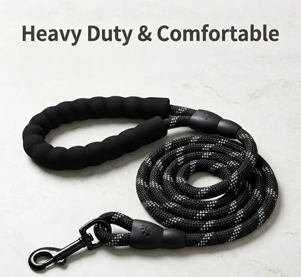 Heavy Duty Nylon Dog Leash - 360° Tangle-Free Zinc Alloy Swivel Snap Hook, Chew Resistant, High-Visibility Reflective Strands, Non-Slip Padded Handle, Classic Tactical Black, for Daily Walking, Night Outings, Hiking/Light Outdoor, Small-XL Dogs