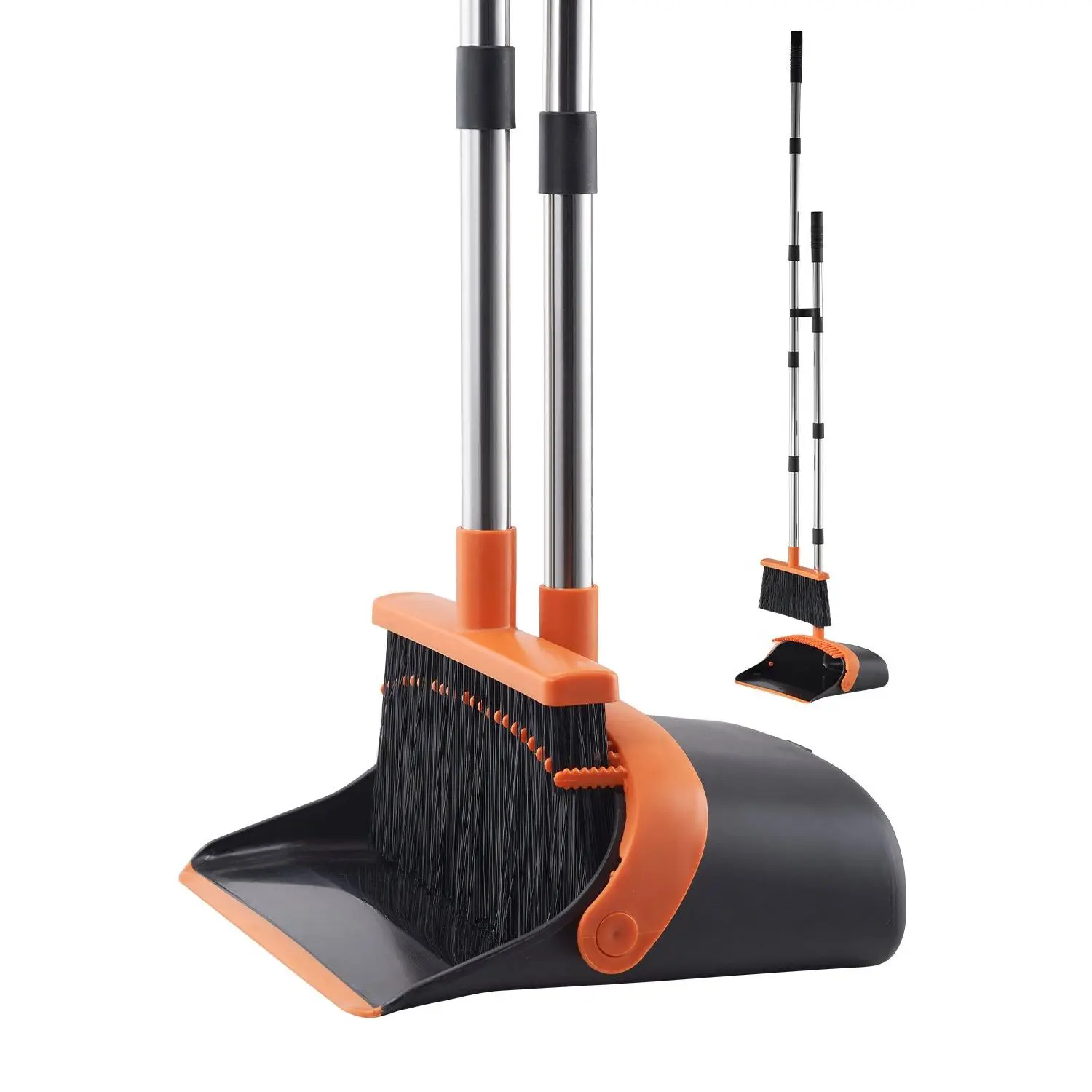 【Summerfinds】VEVOR Heavy-Duty Metal Broom and Dustpan Set, Stainless Steel Upright Standing Dustpan, Extendable Long Handle, Rubber Self-Cleaning Teeth, Durable Combo for Home, Office, Black+Orange