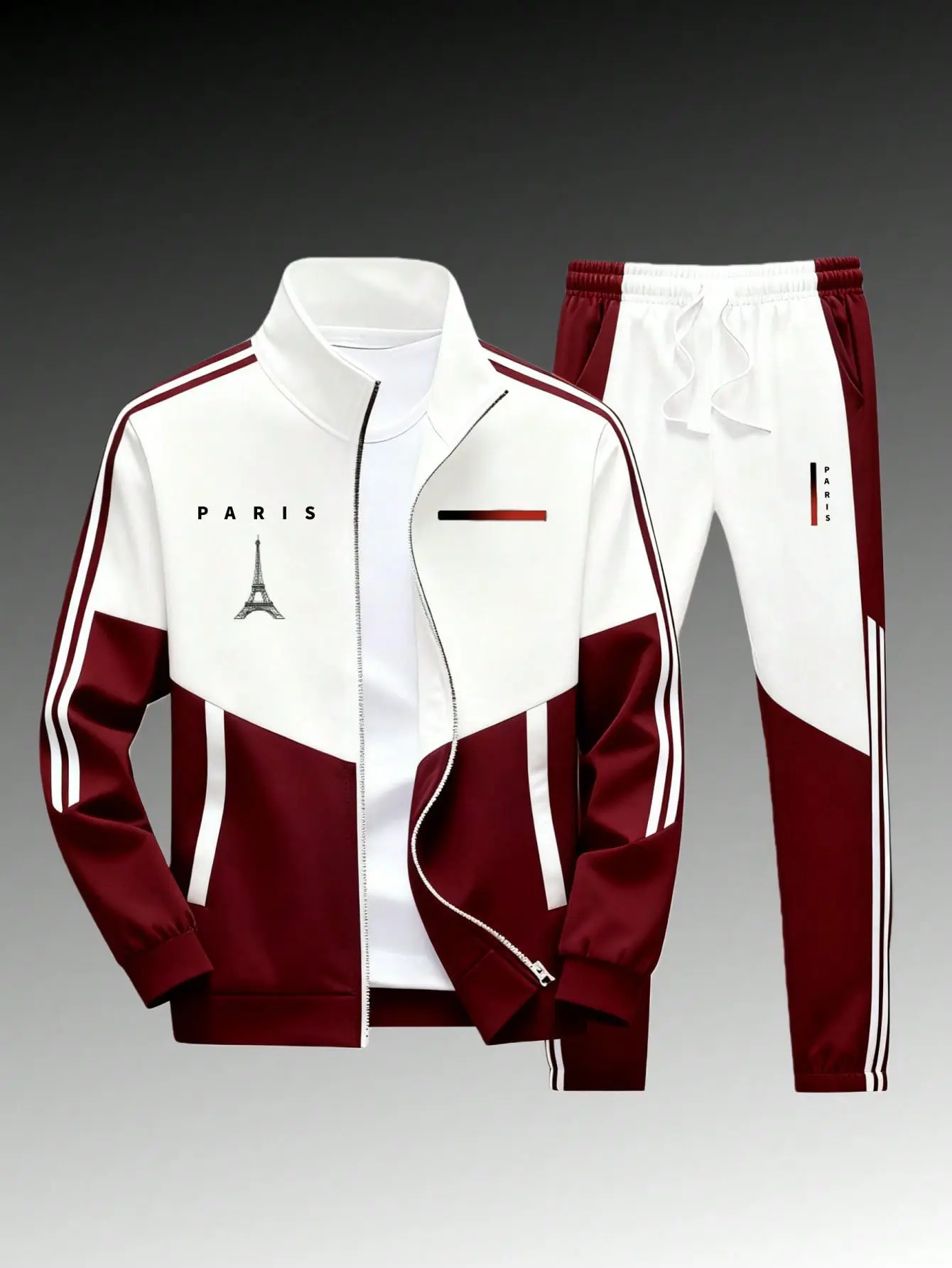 Men's 2-Piece Paris Logo Sportswear Set - Sports Outerwear Jacket & Jogging Pants, Geometric Print, Stand-Up Collar, Zipper Closure, Color-Matching Design, All-Season Streetwear Fashion Apparel Clothes Suits,sohochic