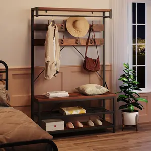Gaomon Farmhouse Hall Tree Storage Bench - Rustic Brown Entryway Furniture with Adjustable Steel Shelf, Wall-Mountable Hooks, Coat Rack and Large Shoe Storage