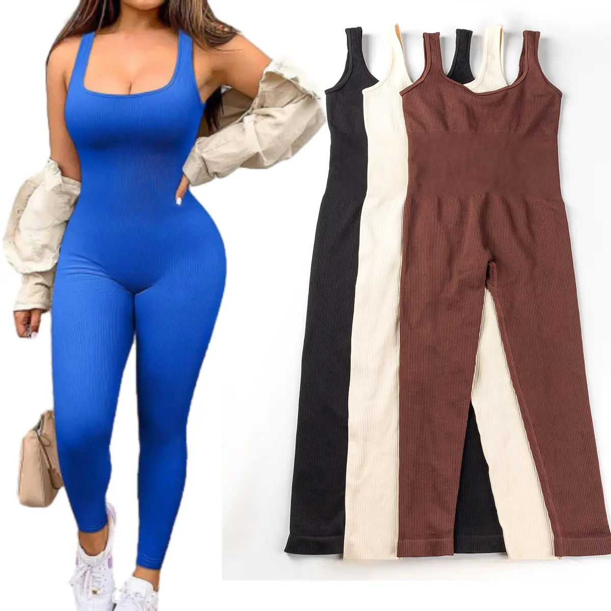Women'S Sexy Ribbed Sleeveless Jumpsuit - Square Neck Body Shaper with Adjustable Straps, Black & White Design for, Workouts & Spring/Summer Fitness, Clothing | Sexy Jumpsuit | Ribbed Texture