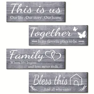 4 Country Style Wooden Wall Art Signs - Rustic Farmhouse Decor for Living Room, Bedroom, and Kitchen | 'This Is Us', 'Together', 'Blessing This Home', 'Family' Wooden Signs for Home Decoration, Wooden Letter Sign, Rustic Farmhouse Design